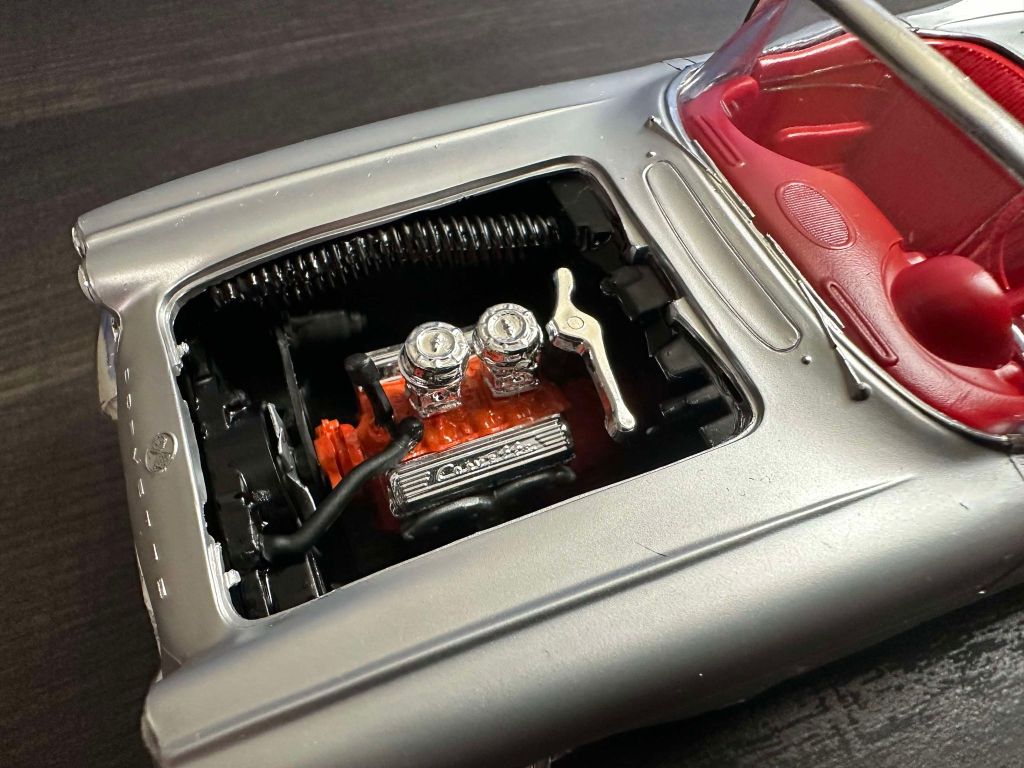 1962 Chevrolet Corvette by AMT, built and painted Tamiya Silver with red interior - engine